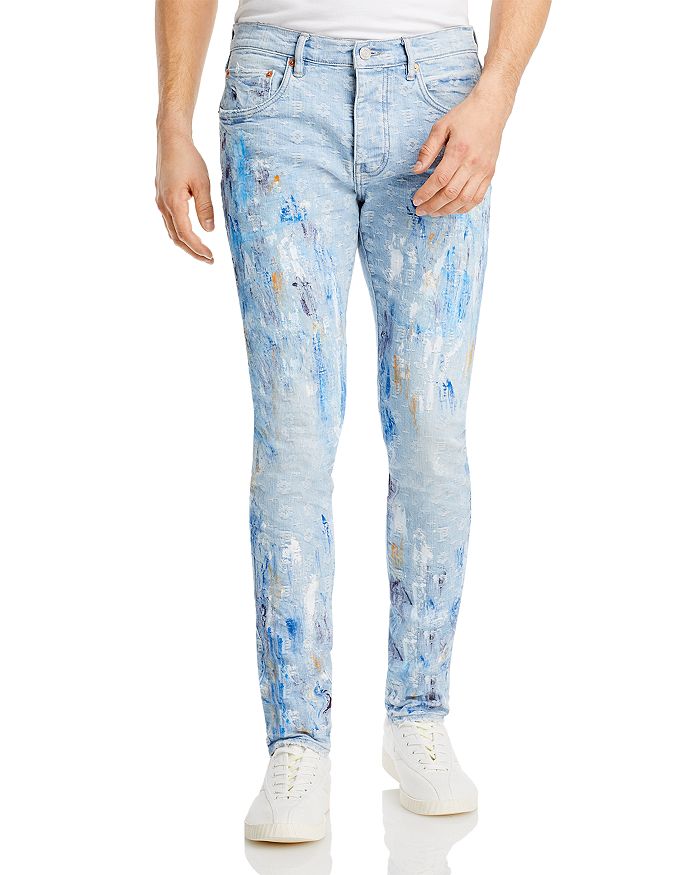 Purple Brand Skinny Fit Jeans in Paint Over Light Bleach Jacquard