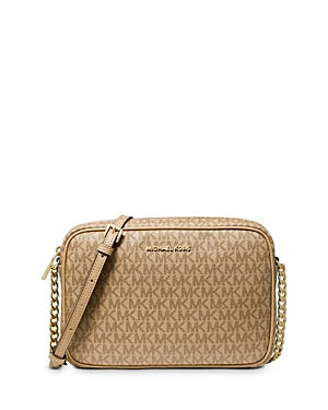 Michael Michael Kors Jet Set Large Logo Print Crossbody In Camel