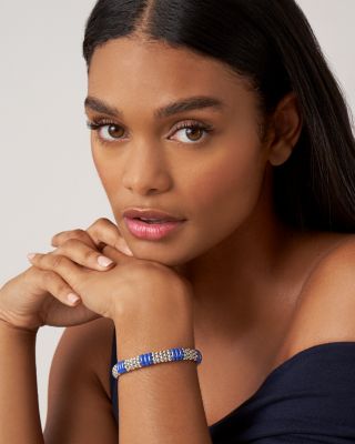 18K Yellow Gold & Sterling Silver Ultramarine Ceramic Rondelle & Caviar Bead Statement Bracelet