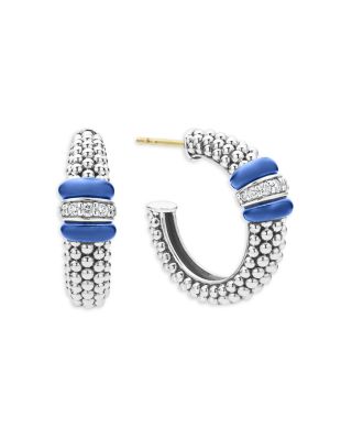 14K Yellow Gold & Sterling Silver Ultramarine Ceramic & Diamond Caviar Bead Hoop Earrings