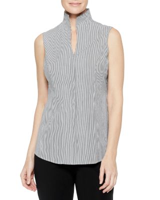 Misook Striped Mandarin Collar Top In Black/white | ModeSens