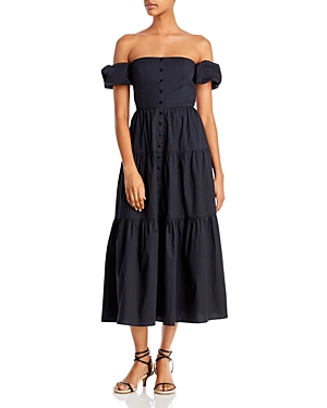 Staud Elio Off-the-shoulder Tiered Stretch-cotton Poplin Midi Dress In Black
