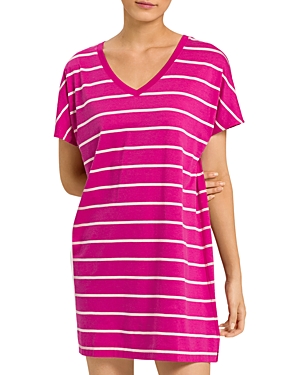 Hanro Laura Big Shirt Modal Lounge Top In Berry Stripe