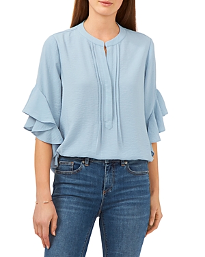 Vince Camuto Ruffle Sleeve Split Neck Blouse In Blue Willo