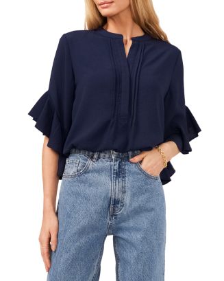 Vince Camuto Raglan Ruched Split Neck Ruffle Sleeve Blouse in Radiant Orange Size XXS main image 1