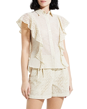 Theory Nova Flutter Sleeve Eyelet Cotton Blouse In Ecru