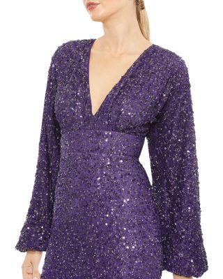 Sequined Puff Sleeve V Neck Gown