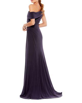 Foldover Off The Shoulder Slit Gown