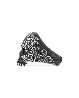 Men&#39;s Sterling Silver Waves Skull Ring with Black Diamonds