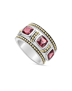 Shop Lagos 18k Yellow Gold & Sterling Silver Caviar Color Rhodolite Garnet Beaded Ring In Red/silver