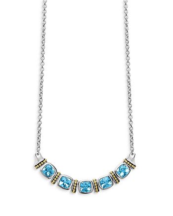 LAGOS - 18K Yellow Gold & Sterling Silver Caviar Color Blue Topaz Multi Stone Statement Necklace, 16-18"
