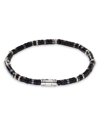 Men&#39;s Sterling Silver Classic Chain Onyx &amp; Hematite Bead Heishi Bracelet