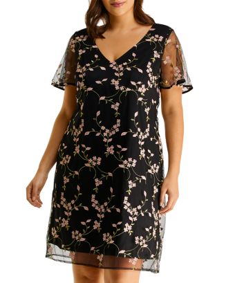 green emerald velvet dress Wild Flower Embroidered Shift Dress In Navy Curves
