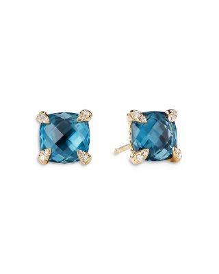 David Yurman 18K Yellow Gold Chatelaine Blue Topaz & Diamond Stud Earrings