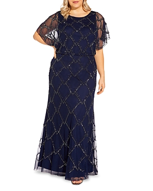 Adrianna Papell Plus Beaded Blouson Gown In Light Navy