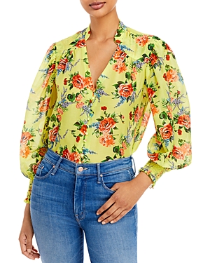 Alice And Olivia Serena Smocked Floral-print Cotton And Silk-blend Blouse In Floral Express Lemon