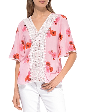 B Collection By Bobeau V Neck Lace Lined Woven Top In Blush/red