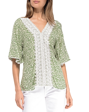 B Collection By Bobeau V Neck Lace Lined Woven Top In Mint Ditsy