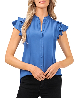 Cece Pintuck Ruffle Short Sleeve Blouse In Sapphire