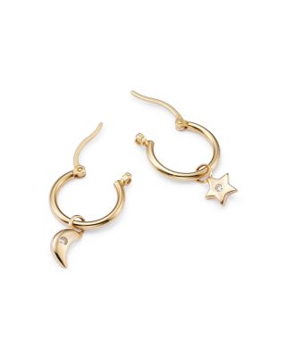 Diamond Star & Moon Dangle Hoop Earrings in 14K Yellow Gold, 0.02 tcw 