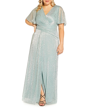 Adrianna Papell Plus Floral Metallic Mesh Draped Gown In Sea Glass