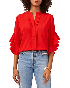 Vince Camuto Plus Size Ruffle Sleeve Henley Blouse In Cherry Red