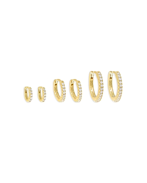 Adinas Jewels Pave Huggie Hoop Earrings In 14k Gold Plated Sterling Silver, Set Of 3