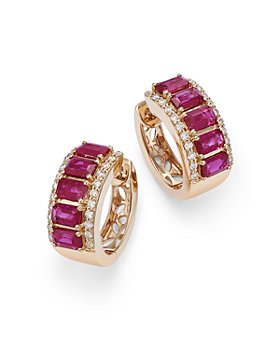 Bloomingdale's - Ruby & Diamond Huggie Hoop Earrings in 14K Yellow Gold - 100% Exclusive