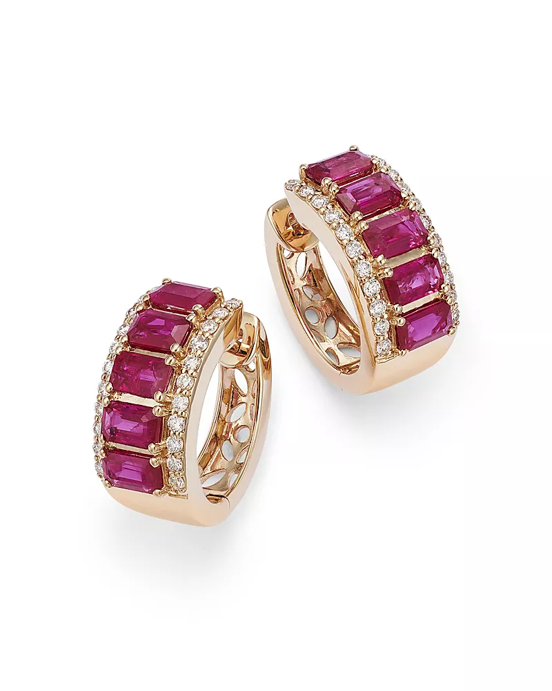 Bloomingdale's Fine Collection Ruby & Diamond Huggie Hoop Earrings in 14K Yellow Gold