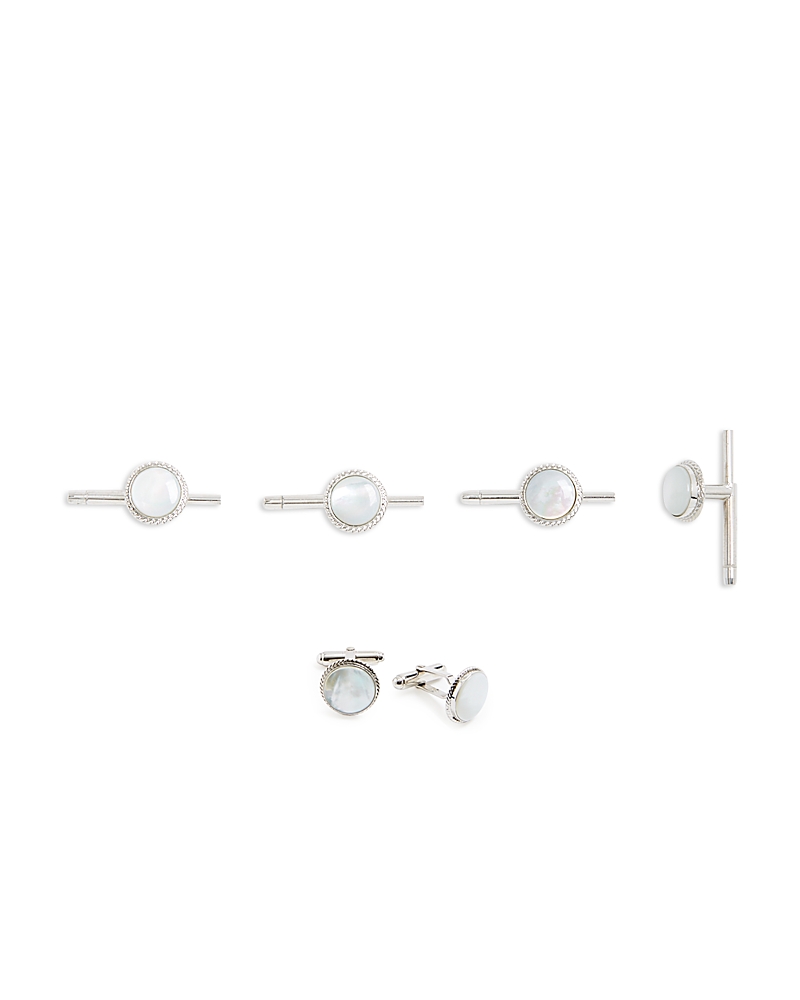 David Donahue Sterling Silver & Mother Of Pearl Beveled Stud & Cufflink Set In Silver