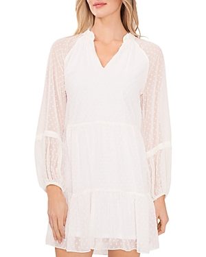 Cece Clip Dot Ruffle Long Sleeve Shift Dress In Soft Ecru