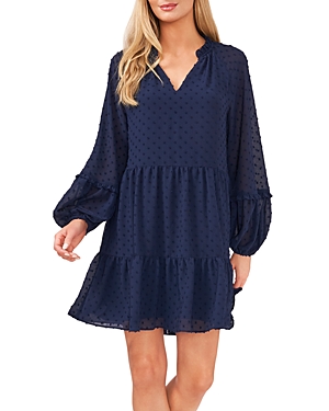 Cece Clip Dot Ruffle Long Sleeve Shift Dress In Classic Navy