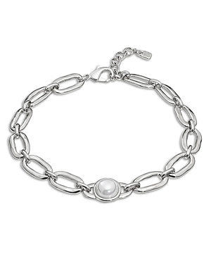 Uno De 50 Ovni Imitation Pearl Link Necklace In Sterling Silver Plated, 15-17 In Silver/white