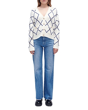Maje Moove Diamond-pattern Logo-embellished Knitted Cardigan In Ecru