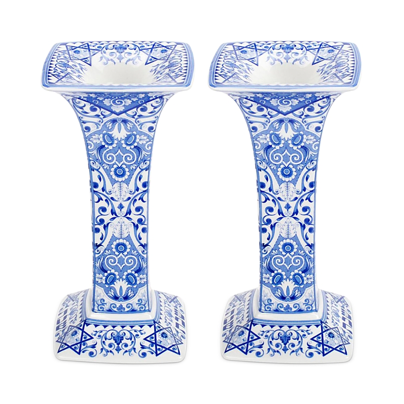 Spode Judaica Collection Set Of Two Sabbath Candlesticks In Blue
