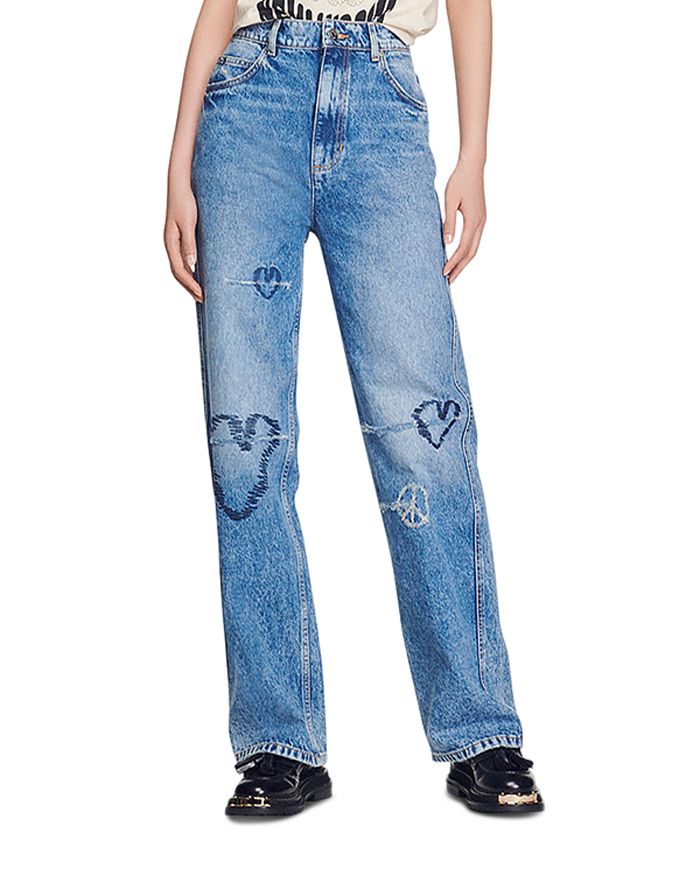 Sandro Patty Embroidered High Rise Straight Jeans in Blue Jean ...