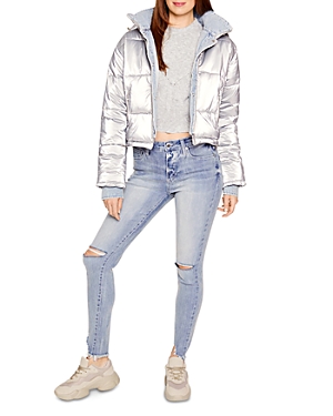Blue Revival Mixed Media Puffer Jacket In Silver Light Wash
