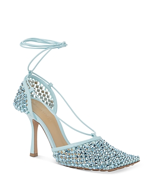 Bottega Veneta Rhinestone Embellished Mesh Sandals In Pale Blue