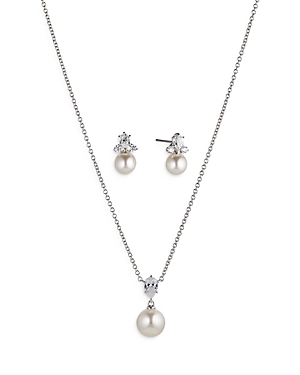 Nadri Bridesmaids Cubic Zirconia & Imitation Pearl Drop Earrings & Pendant Necklace Set In Silver
