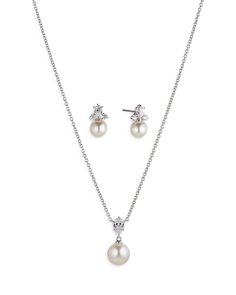 Nadri Bridesmaids Cubic Zirconia & Imitation Pearl Drop Earrings & Pendant Necklace Set In Silver