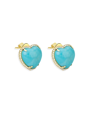 Shop Meira T 14k Yellow Gold Turquoise & Diamond Heart Stud Earrings In Blue/gold
