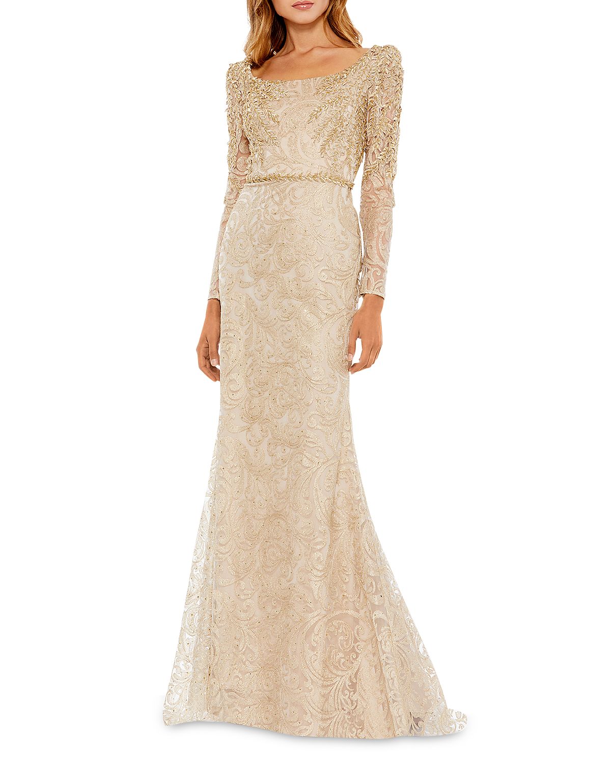 Mac Duggal Embroidered Applique Shoulder Detail Trumpet Gown
