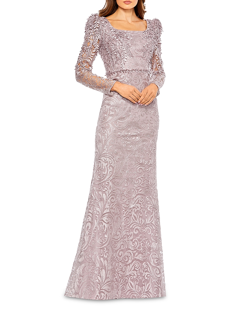 Mac Duggal Embroidered Applique Shoulder Detail Trumpet Gown In Mocha