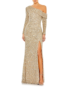 Mac Duggal One-shoulder Sequinned Sheath Gown In Shimmering Gold