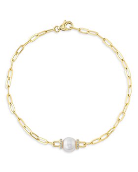 Moon & Meadow - 14K Yellow Gold Diamond Cultured Pearl & Diamond Paperclip Link Bracelet - 100% Exclusive