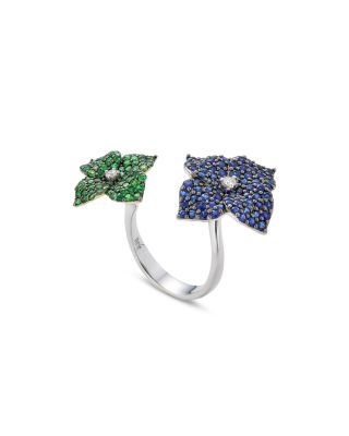 PIRANESI - 18K White Gold Double Flower Diamond, Sapphire & Tsavorite Ring