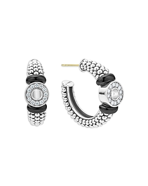 Shop Lagos Sterling Silver Black Caviar Ceramic & Diamond Circle Hoop Earrings In Silver/black