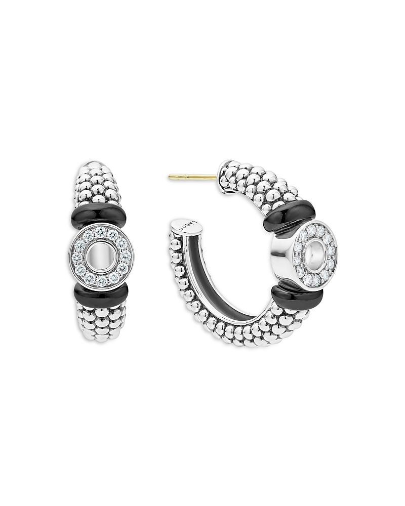Lagos Black Caviar Diamond Huggie Hoop Earrings In Silver/black
