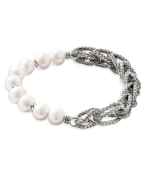 JOHN HARDY SILVER CHAIN CLASSIC CULTURED PEARL ASLI BRAIDED LINK BRACELET