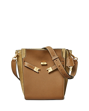 Tory Burch Lee Radziwill Pebbled Bucket Bag In Tiger's Eye/gold